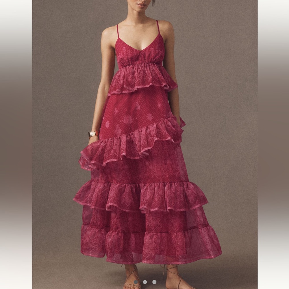 Anthropologie Berry Red Ruffled Maxi Dress